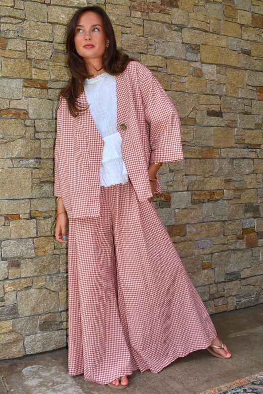 Arbi Gingham Palazzo Pant Indian Red
